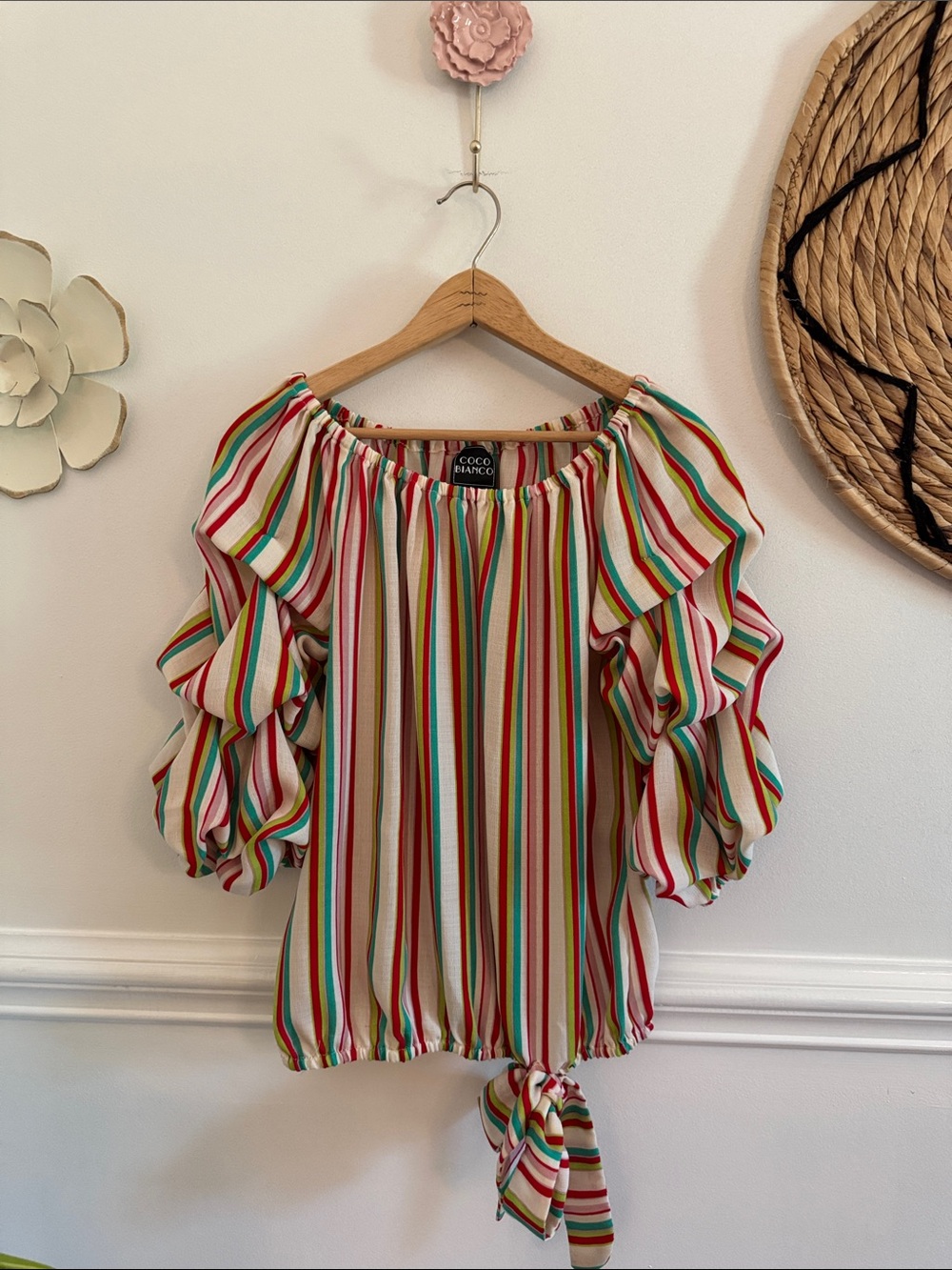 Coco Bianco Striped Off-Shoulder Tie-Front Blouse in Multicolor